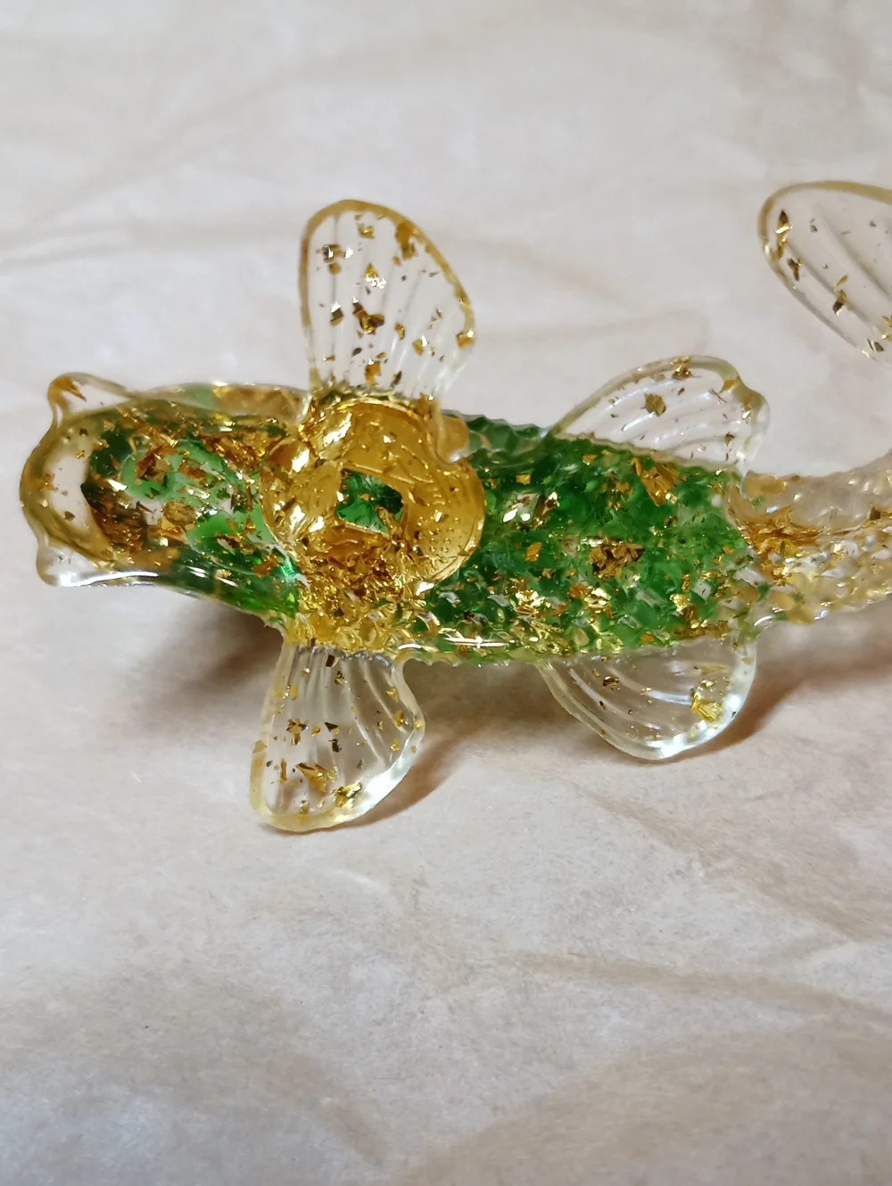 Decorative Green Gold Good Luck Fish Figurine Coin